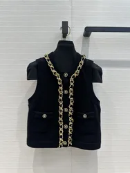 2024 High-quality gold chain chambray Vest for Women with Cashmere yarn Black and gold color French court style short vests