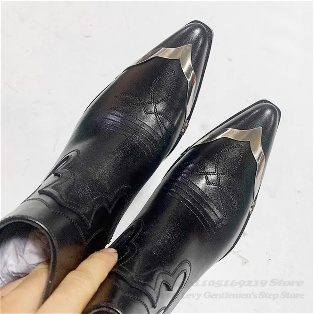 Metal Toe Cap Men Western Boots 2025 Winter New Pointed Toe High Heel Black Leather Zide Zipper Designer Brand Ankle Boot
