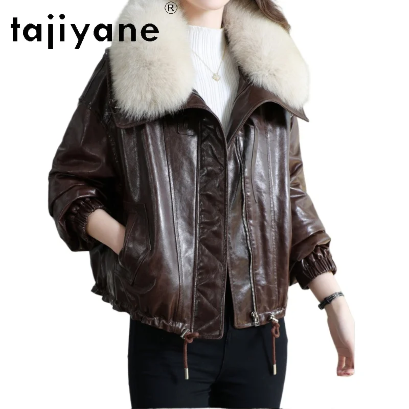 TAJIYANE 100% Top-narben Schaffell Gans Unten Mantel Kurze Echt Leder Puffer Jacke Frauen Fuchs Kragen Winter Frau Kleidung 2025
