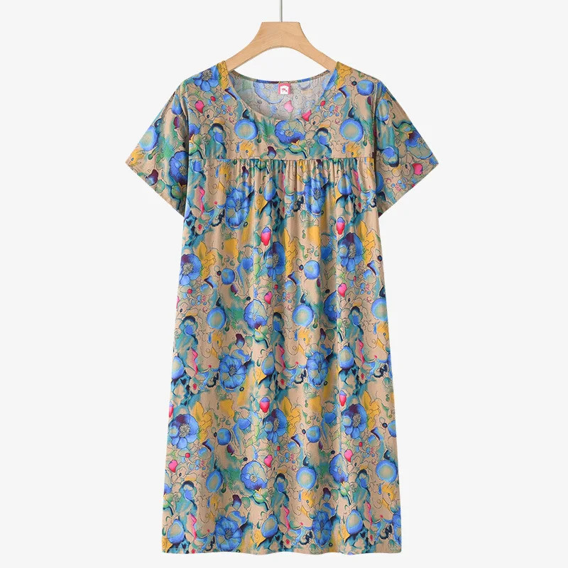 Middle-Aged and Elderly Cotton Silk Short-Sleeved Nightgown Female New Pajamas Summer Thin Mom Loose Home Wear Dress Summer