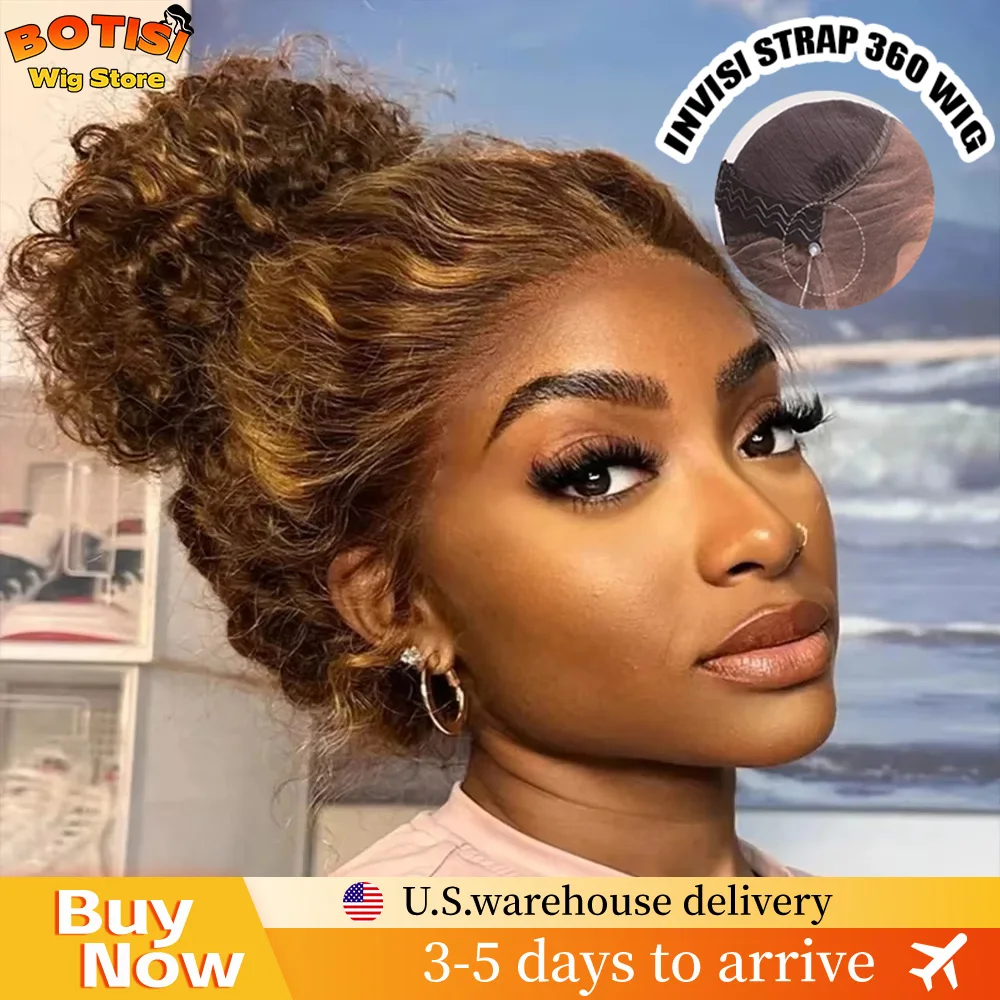 

Botisi Deep Wave Blonde Highlight Wig Human Hair Curly Wig Human Hair 360 Lace Wig Invisible Drawstring Natural Brazilian Hair