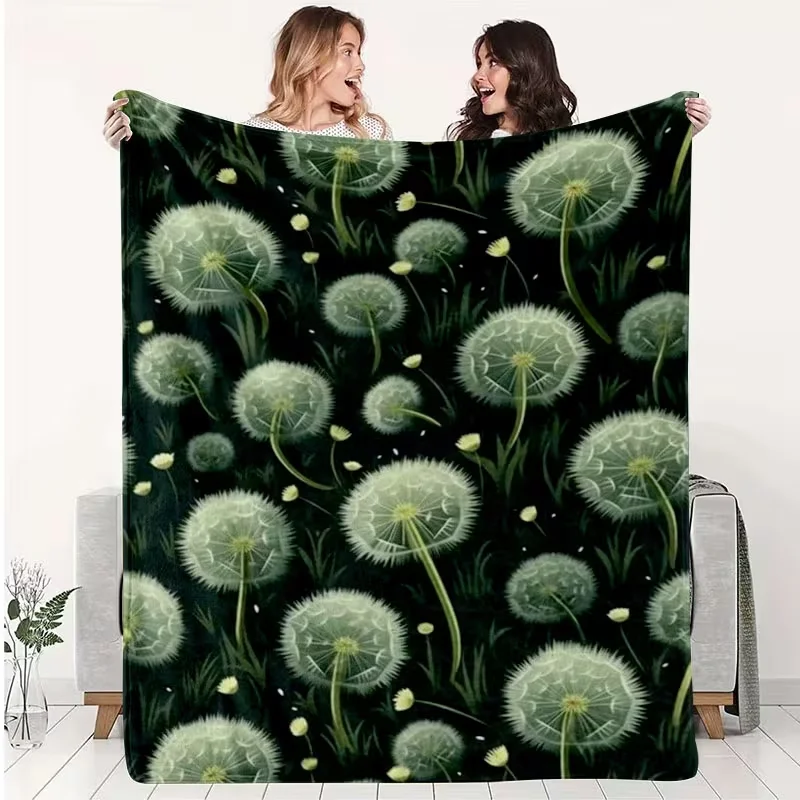 Dark Background Realistic Dandelion Blanket Green Grass Flying Seed Print Soft Cozy Blanket  Botanical Sofa Bed Decor