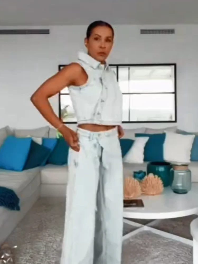 

Women Casual Single Breasted Pants Suits Slim Light Colored Lapel Sleeveless Vest Wide-leg Denim Long Pant Sets Lady Daily Wear