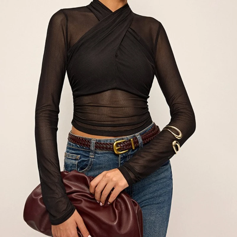 

2025 Women's Fall New Solid Color Mesh Sheer Slim Sexy Top