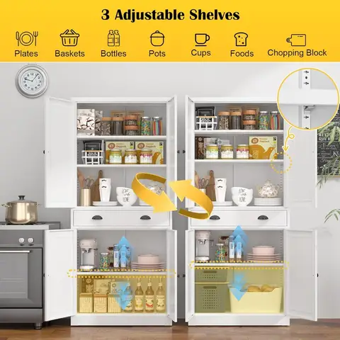 71” Food Pantry Storage Cabinet with Drawer,White Metal Kitchen Cupboard Cabinet with Doors and Adjustable Shelves