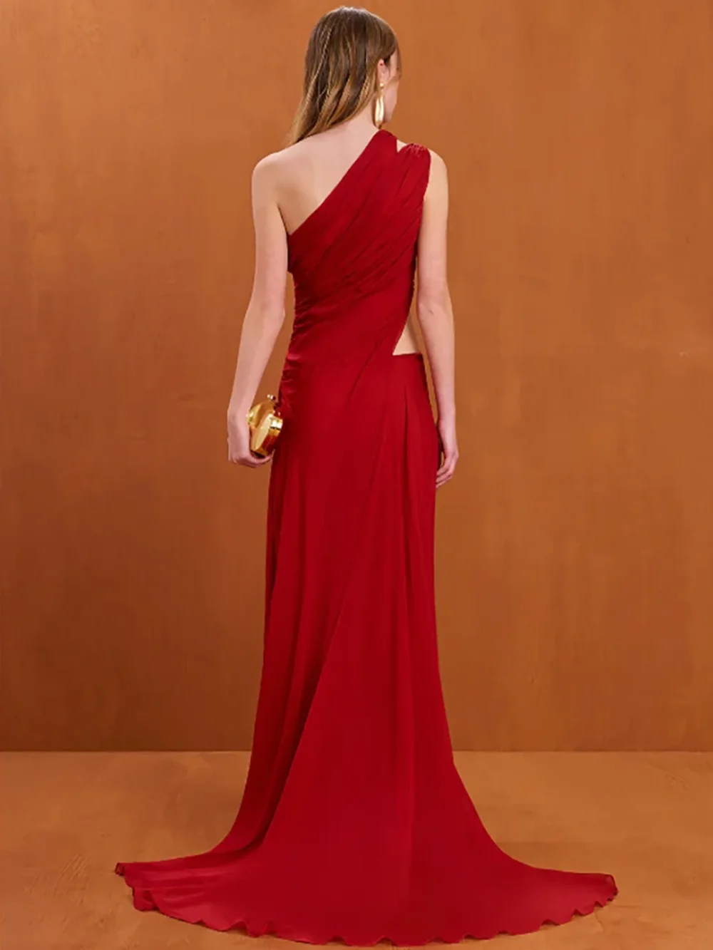 Modphy Robe de soirée longue rouge sexy à une épaule pour femme avec détail découpé pliable fente fluide élégante robe de soirée élégante
