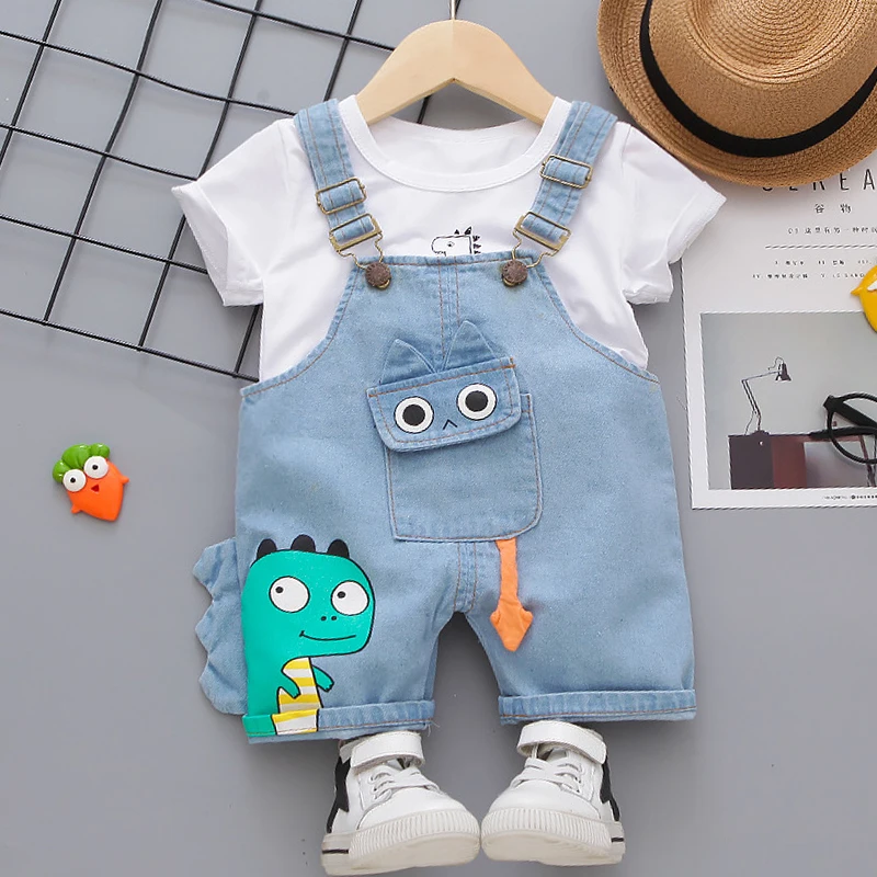 Summer Baby Boys Clothes Suit Toddler Kids Jumpsuit Boys Suspender Denim Shorts&Tshirt 2 pcs Sets Children Clothes Elastic Jeans