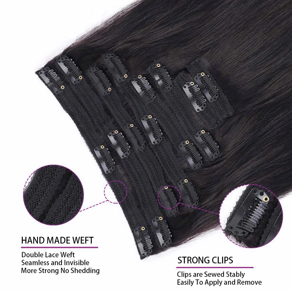 Extensiones de cabello humano con Clip, cabello humano Real de doble trama, hecho a mano, liso, 8 piezas, 120G, 100%, cabello virgen brasileño