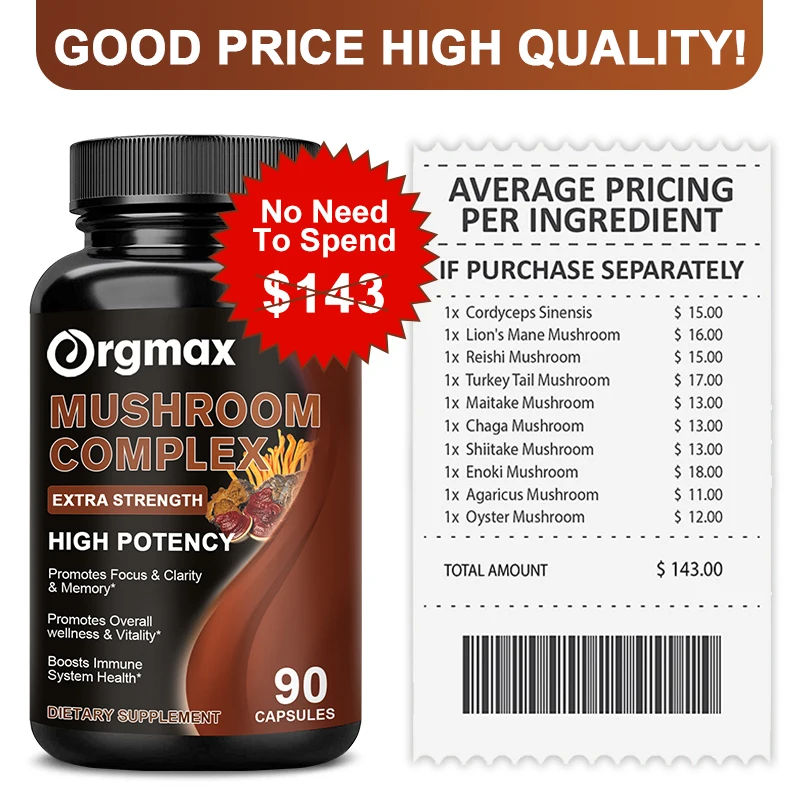 Orgmax 10 Mushrooms Blend Supplements Lions Mane Cordyceps Turkey Tail Stress Relief&Mood Focus Immune Support Brain Memory