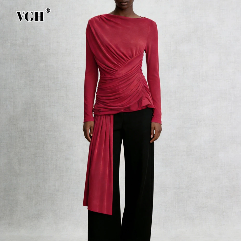 

VGH Solid Slimming Casual T Shirts For Women Round Neck Long Sleeve Spring Design Sense Folds Commute T Shirt Female Fashion New