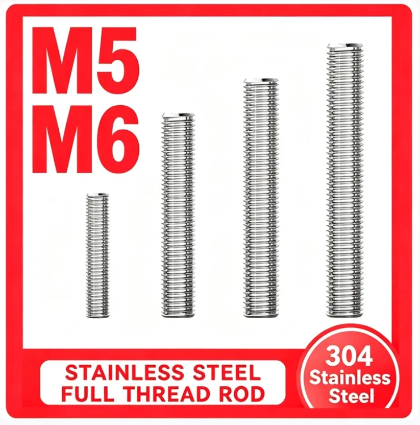 1-40pcs M5 M6 Threaded Rod 304 Stainless Steel Screw Fully Metric Headless Bolt Thread Stud Rods Screws Length 16-800mm
