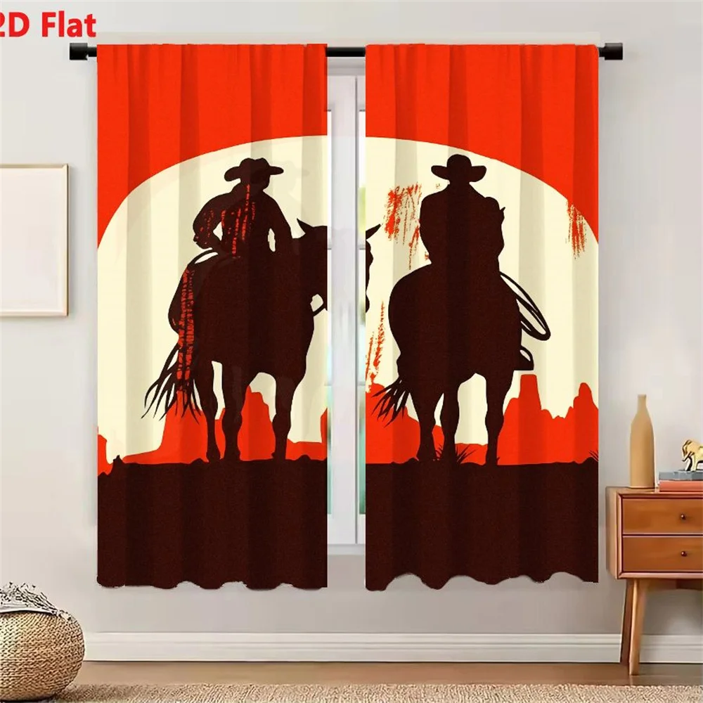 2Pcs Curtains 2D Flat Retro - Inspired Western Cowboy Silhouette Illustration With Horses Desert Rock Formations Sunset Backgrou