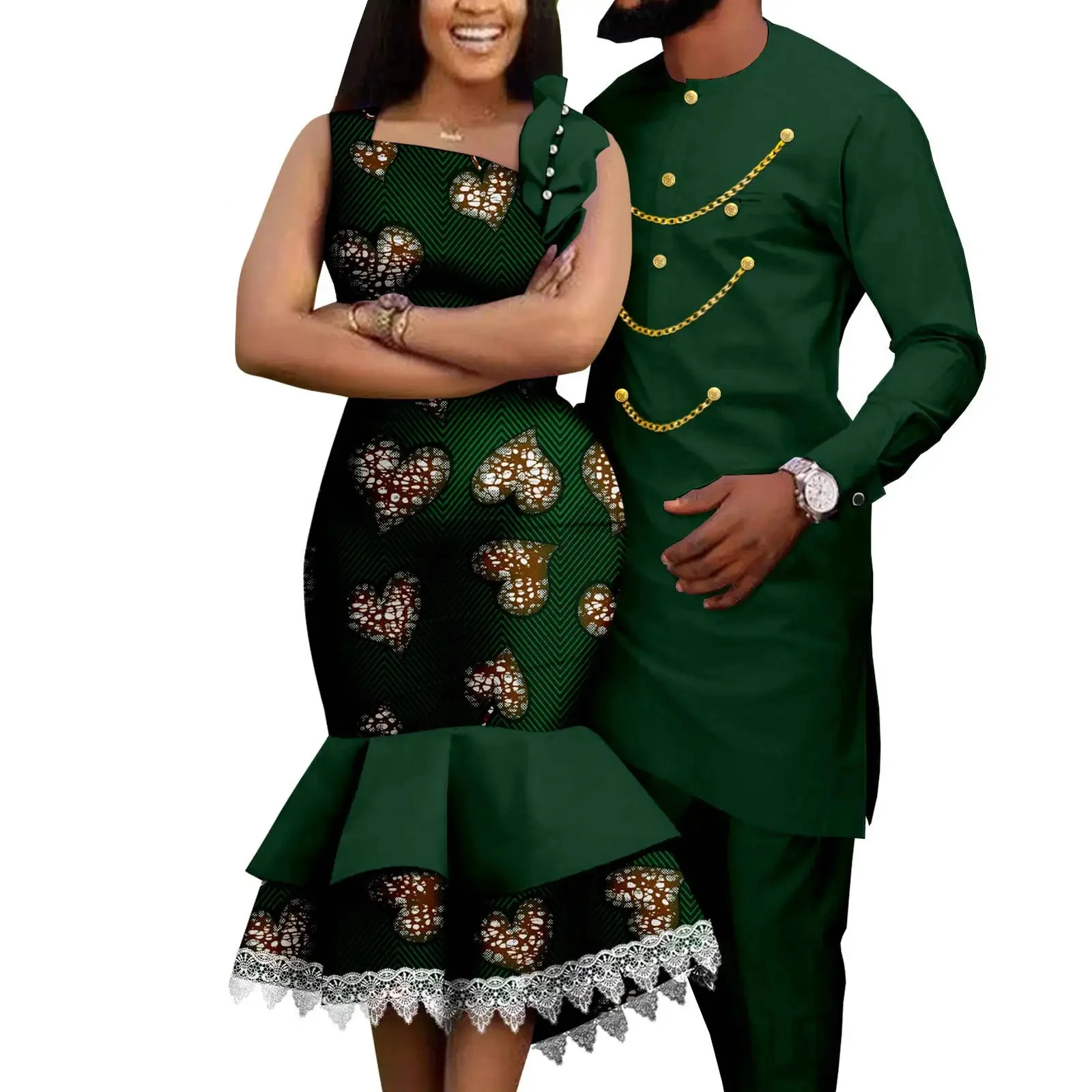 

Dashiki African Women Mermaid Dresses And Men Outfits Pant Sets Bazin Riche African Couple Clothes for Wedding Party Vestidos