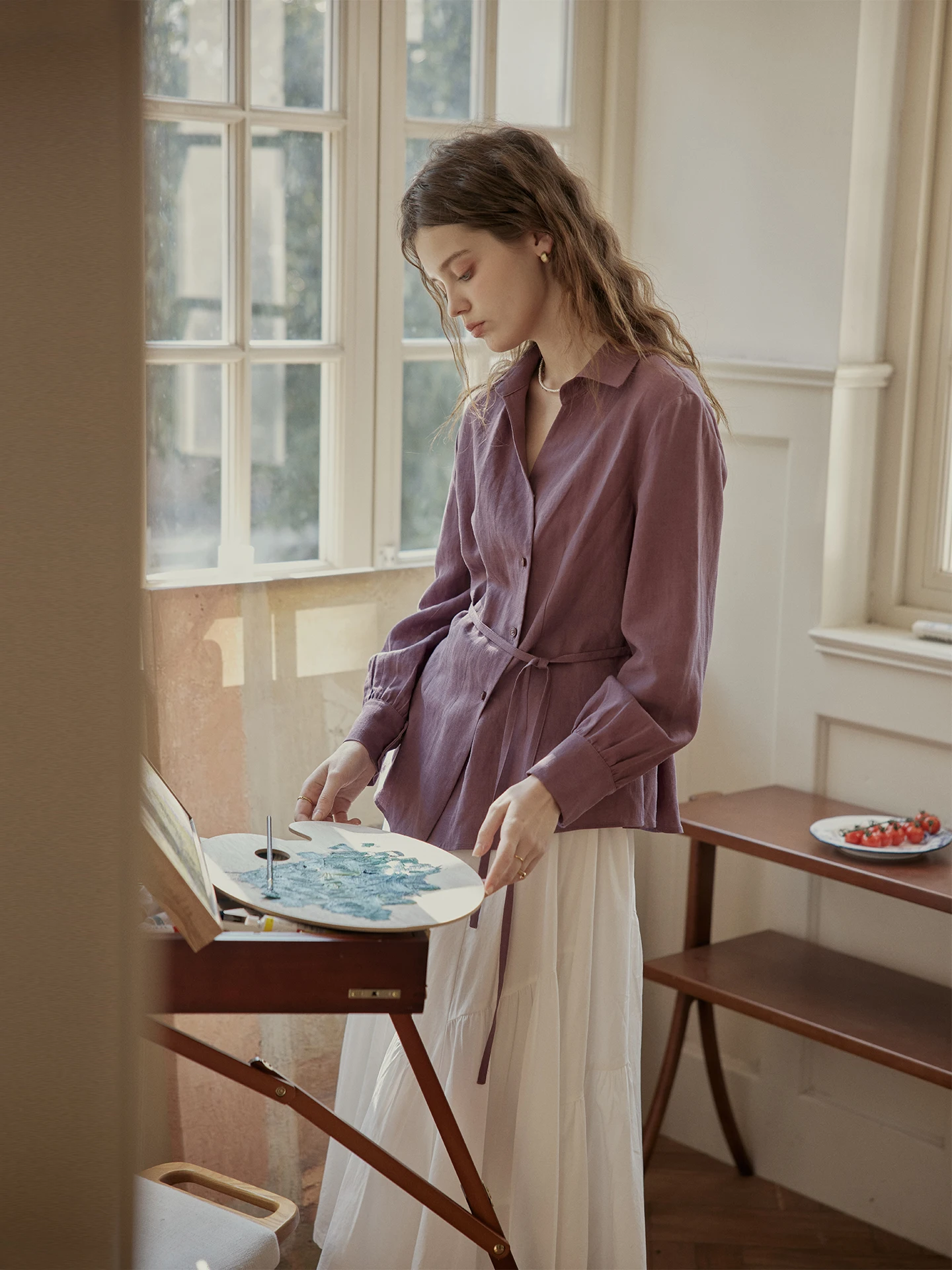 

C.PAIA Dreamy Purple Linen Bamboo Design Long Sleeve Shirt Asymmetric Slim Fit French Style Women's Premium Shirt