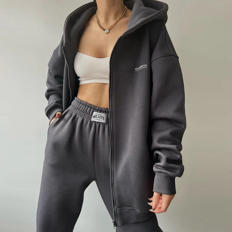 2023 Winter Warm Suit Women Solid Long Sleeve Zipper Outwear Hoodie And Pocket Trousers Two-Piece Set Casual Loose Hooded Sets