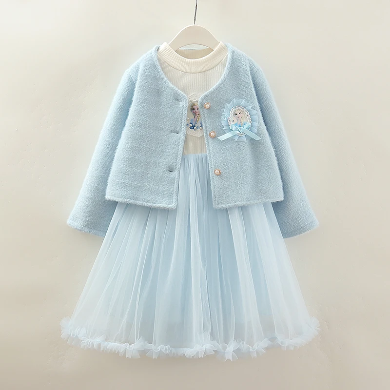 

Blue Girls Dress 2Pcs Set Autumn New Cartoon Color Contrasting Puff Dresses Children's Long Sleeved Single Breasted Warm Coat