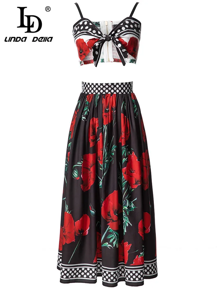 

LD LINDA DELLA New 2023 Summer Fashion Women Beach Style Print Long Skirt Suit Sexy Spaghetti Strap Top+Slim Big Swing Skirt