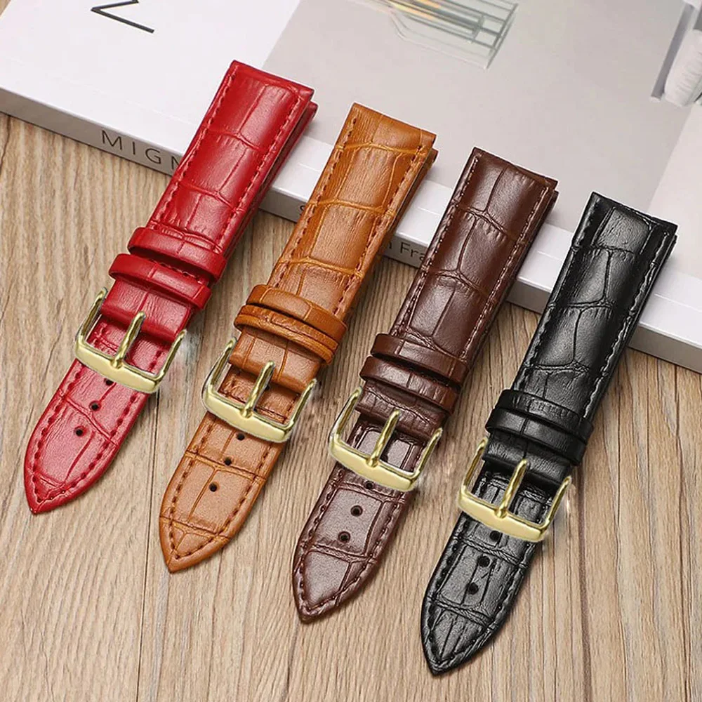 Gold Buckle Leather Watch Strap Fashion Black Brown Replacement Watchband 7 Colors Available 12/14/16/17/1/19/20/21/22/24mm