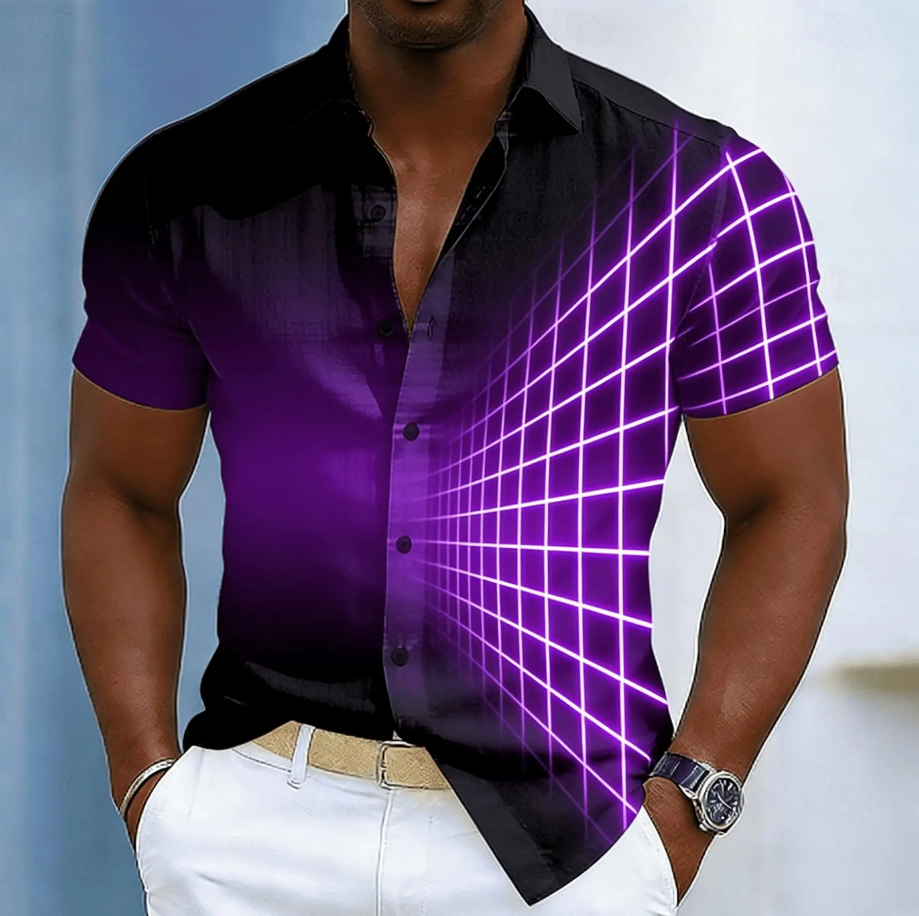

Men's Cyberpunk Gradient Neon Grid Print Short Sleeve Shirt, Spring Summer Edgy Casual Party Blouse, Loose Casual Top