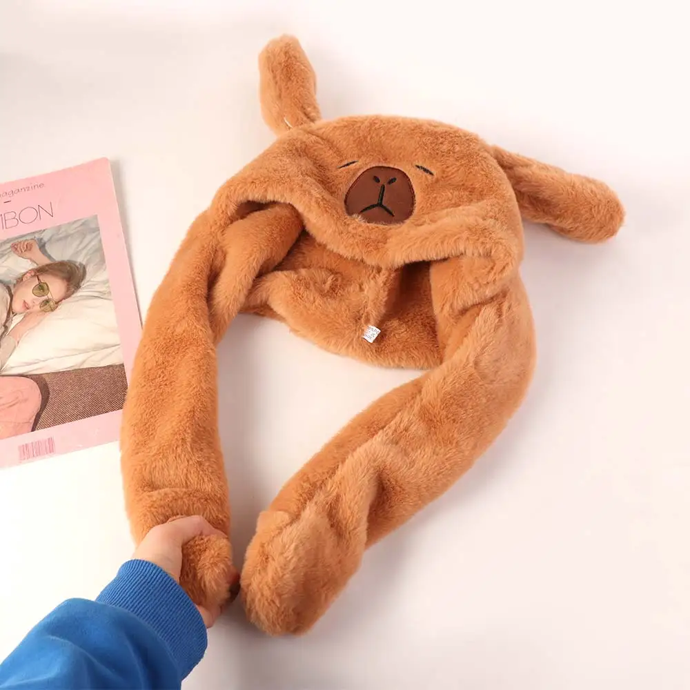Funny Capybara Jumping Up Cap Fluffy Ear Moving Hat Warm Animal Ear Hat Adults