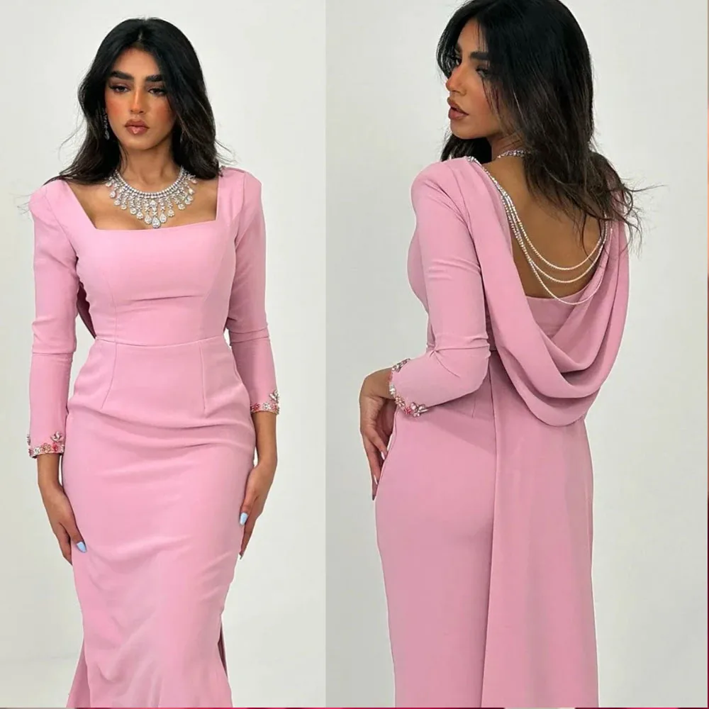 MOBEYE 2024 Mermaid Ball Gown Women's Beaded Square Neck Pink Evening Gown Floor Length Side Slit Saudi Special Occasion