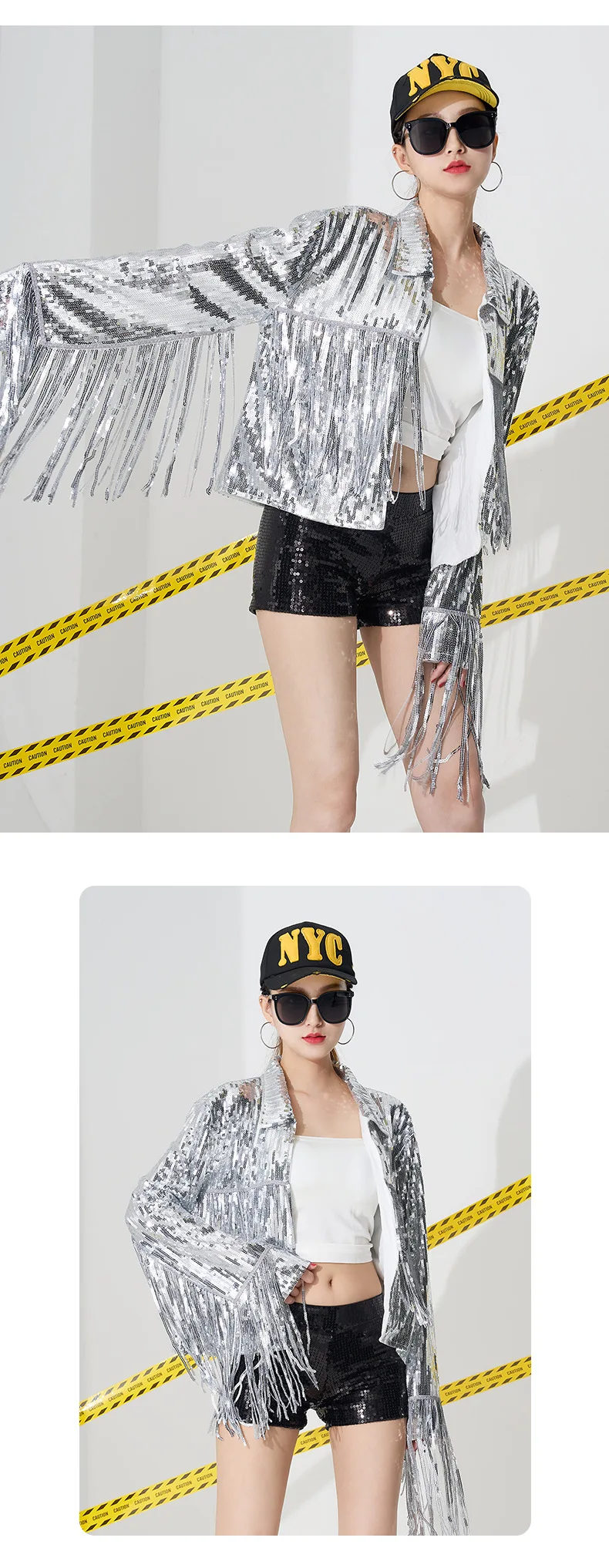 IOOTIANY Damen-Partyjacke mit goldenen und schwarzen Pailletten, glänzende, lässige Pailletten-Blazerjacke mit Fransen, geeignet für Bars, Nachtclubs und Bühnenauftritte. – Detail 10