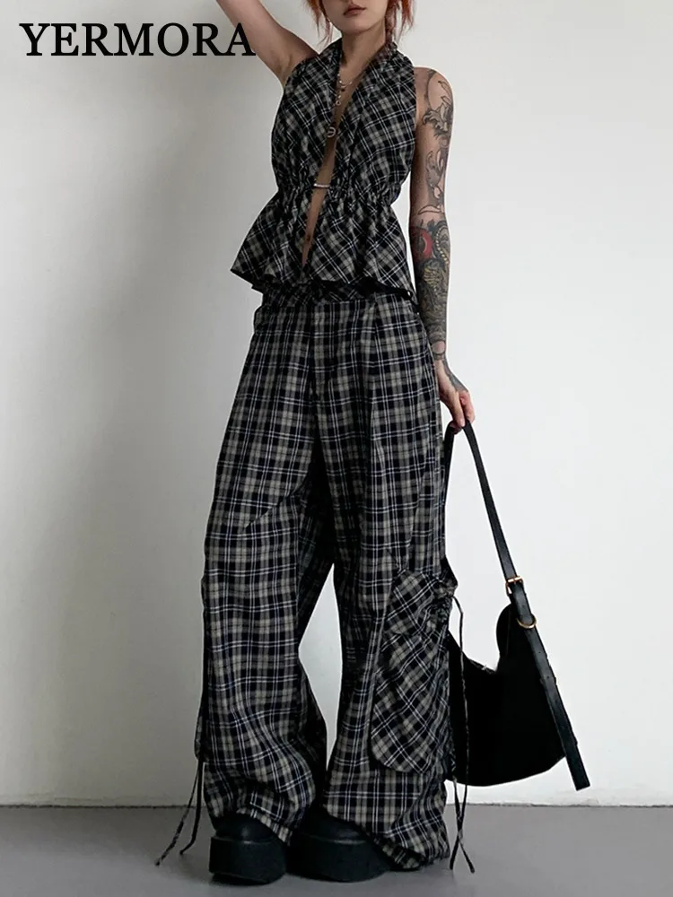 

YERMORA Women Plaid Tops Sleeveless Slim Fit Two Pieces Set High Waist Pocket Ribbon Wide Leg Pants Fashion Spring Summer 2025