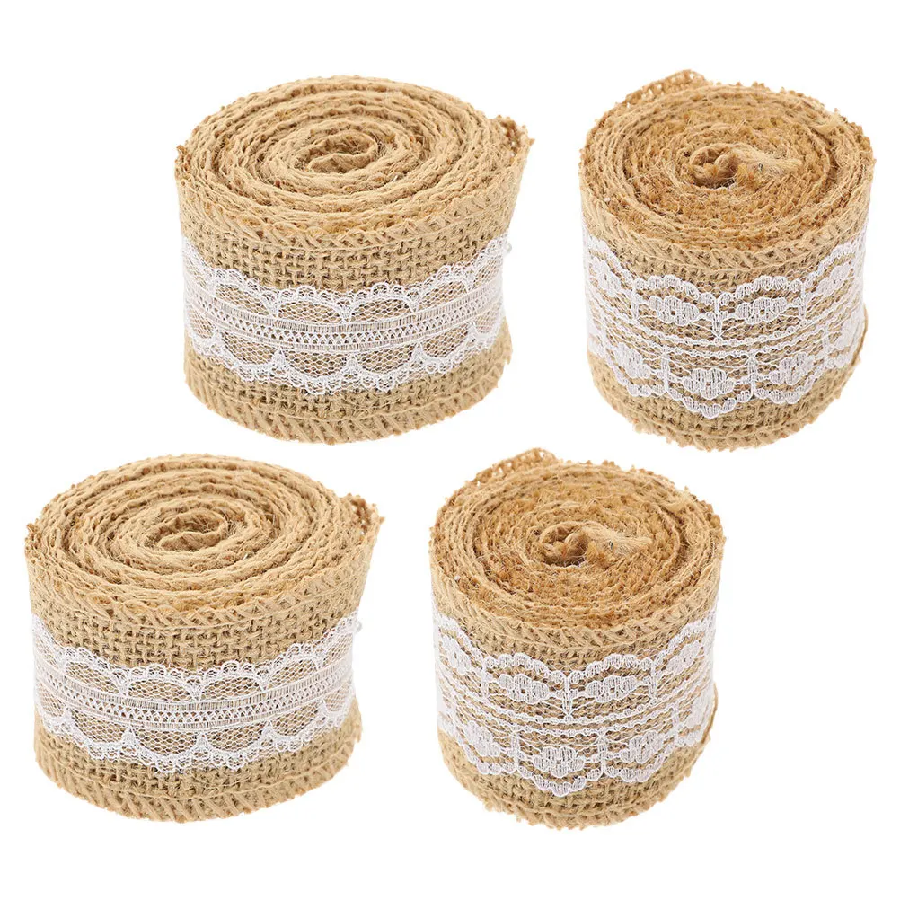 4 Rolls DIY Napkin Rings Natural Burlap Bands with Lace Trim Reusable Wedding Party Decorations Cuttable Present Packing Ribbon