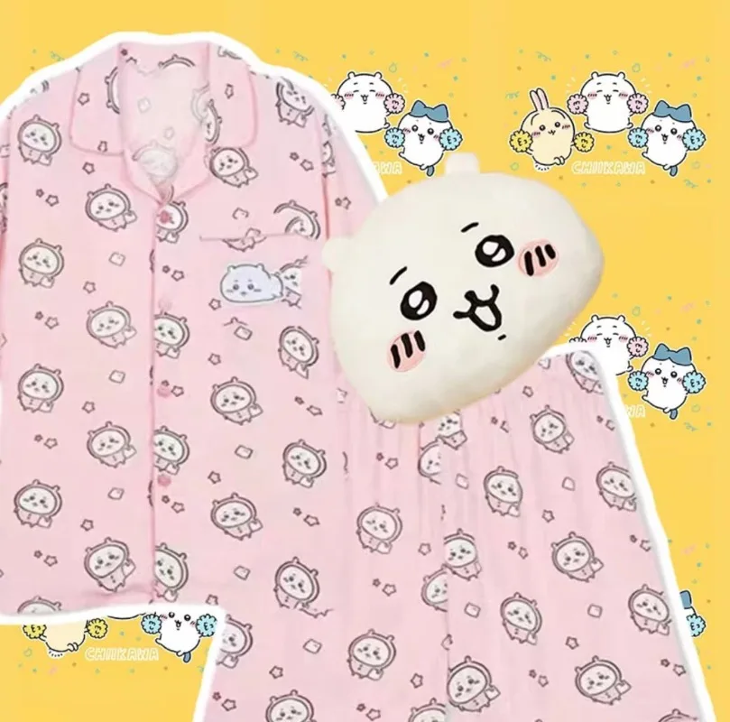 Anime chiikawa peripheral pajamas for women Usaki long-sleeved cute cartoon student couple home clothes set