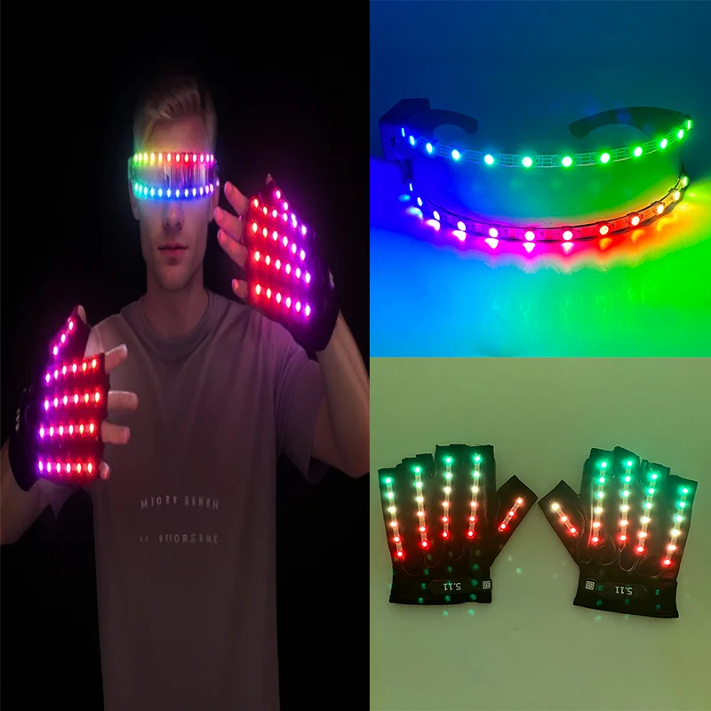 Holiday Party Props Glasses Gloves Set Remote Control LED Colorful Glasses Gloves Glow For Dance Music Disco Performance Night