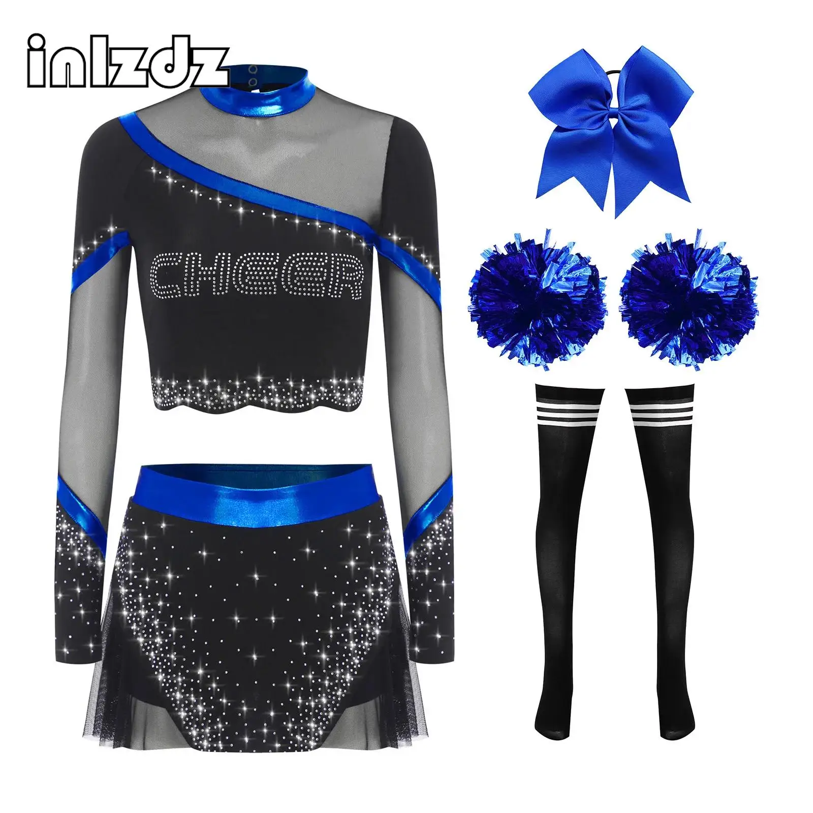 

Womens Cheerleading Costume Rhinestone Long Sleeve Modern Dance Set Cheerleading Dance Outfits for Competition Stage Performance