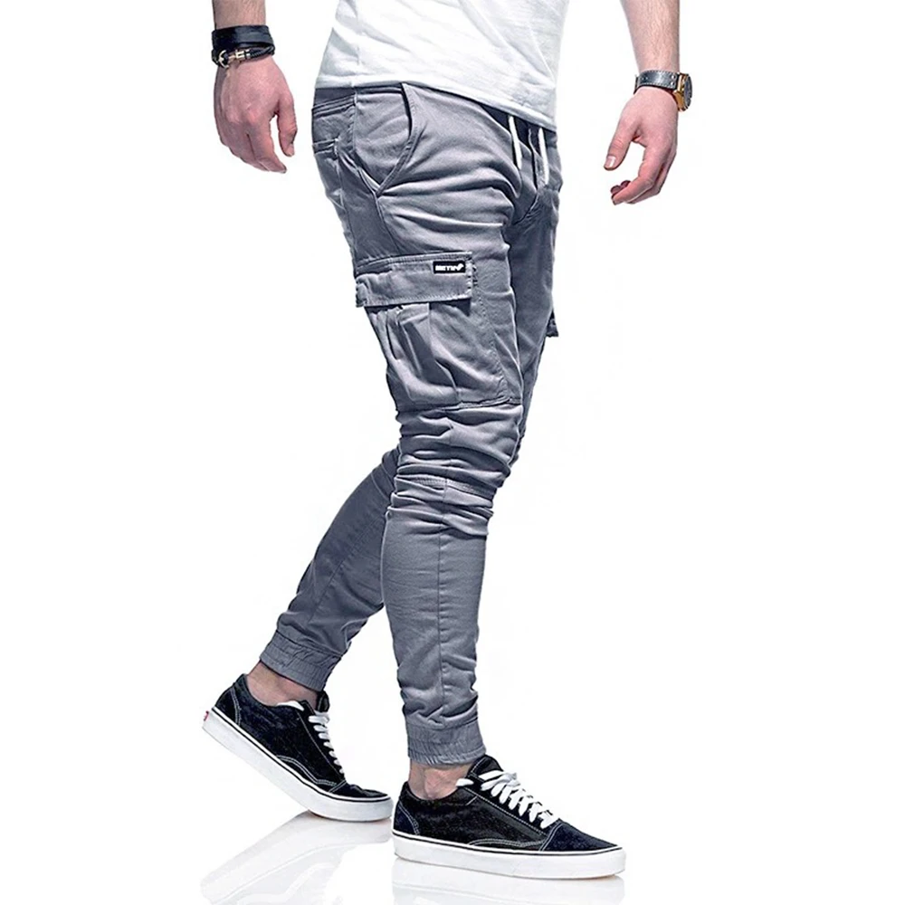 Herren Baumwolle Hip Hop Cargo hose Grey Jogger Streetwear Casual Sport hose Training Workout Fitness Taschen Hose