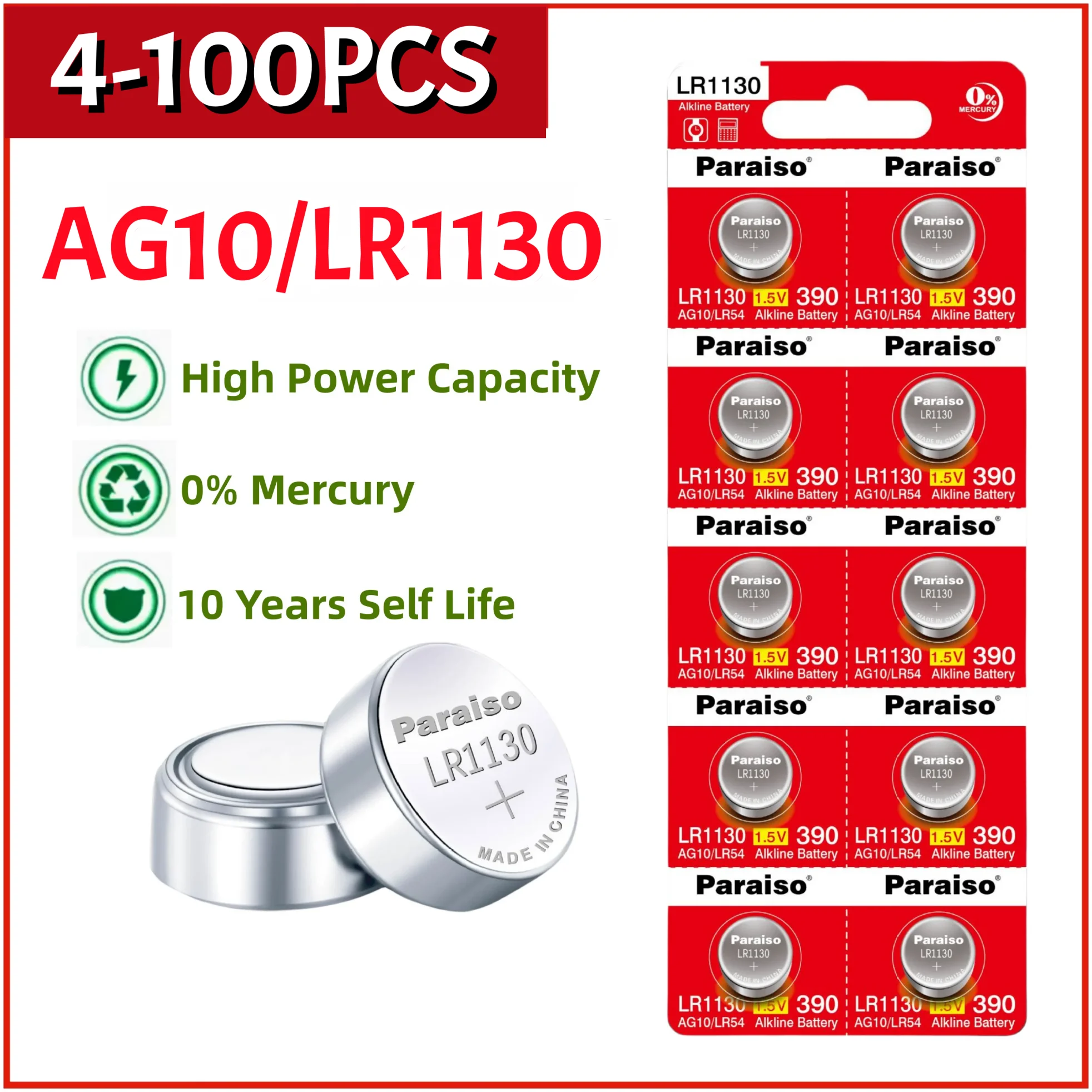 4-100PCS AG10 LR54 Button Batteries LR1130 389A L1131 SR1130 1.55v High Capacity Button Cell Coin Battery for Watches Calculator