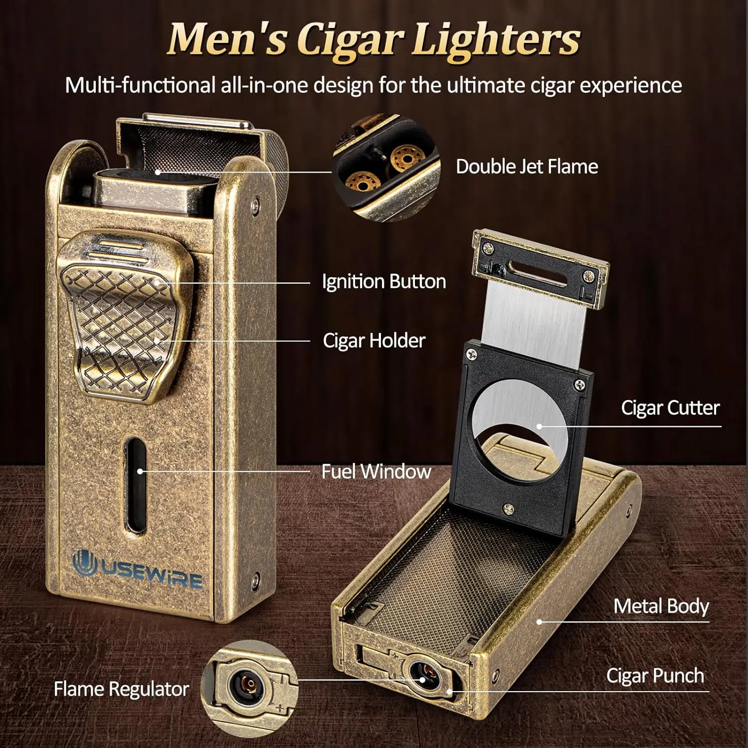 杉材と革製の葉巻箱セット（ライター、加湿器、トレイ付き、葉巻7本収納可能）- 持ち運び可能なトラベルケース、男性へのギフト