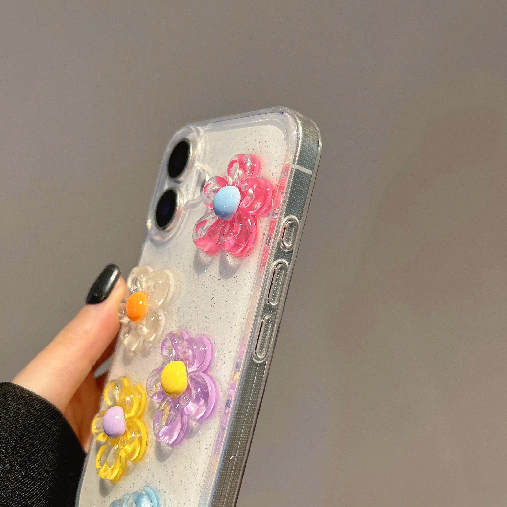 لطيف شفاف ثلاثية الأبعاد زهرة ملونة بريق التألق تأثير جرلي جراب هاتف آيفون 16 15 14 11 12 13 برو ماكس زائد الغطاء الخلفي