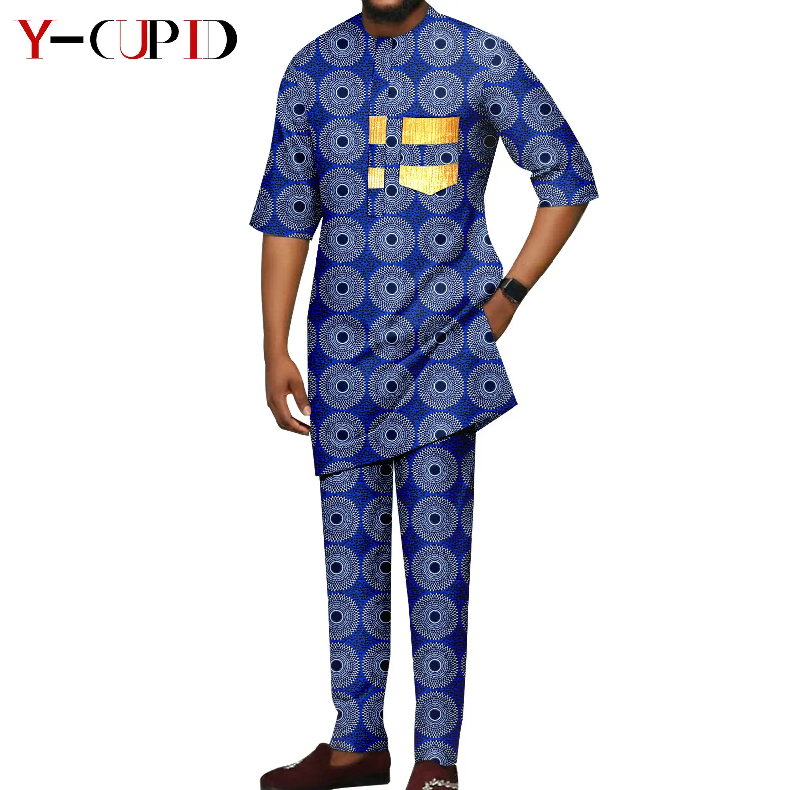 African Print V-neck Dresses for Women Couple Matching Men Outfits Top and Pant Sets Dashiki Bazin Riche Lover Outwear Y23C086