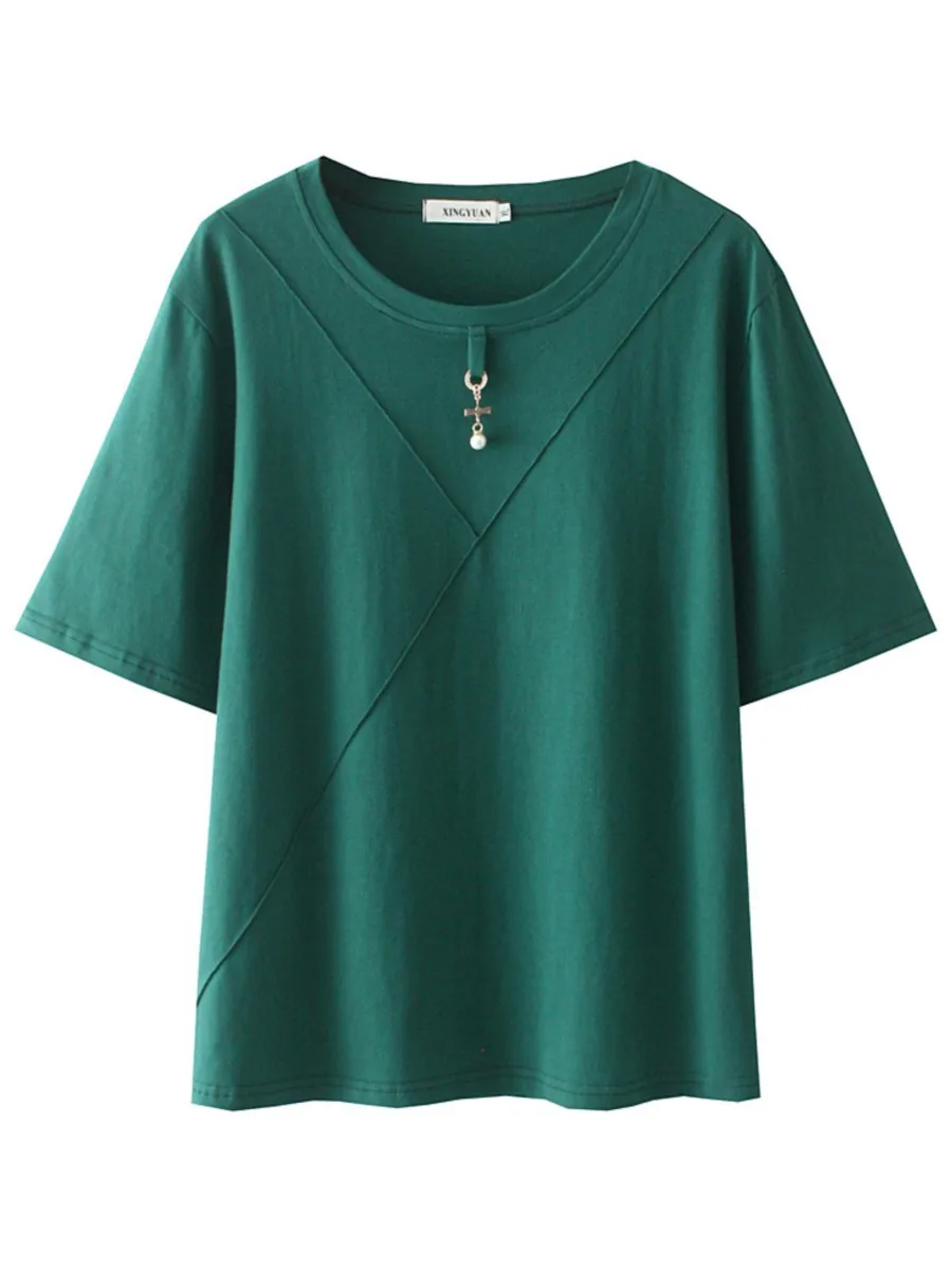 Plus Size T-Shirt Summer Tees Women Clothing Loose Cotton Metal Pearl Pendant Decoration Short Sleeve Tops