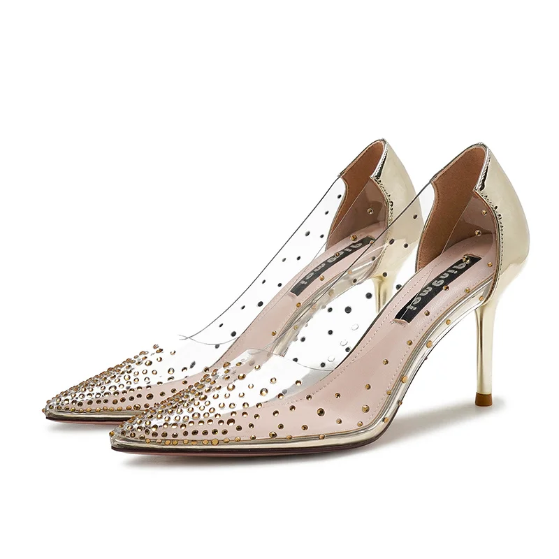 New rhinestone transparent French high heels for women, slim heels, pointed toes, versatile, internet famous, sexy single shoes