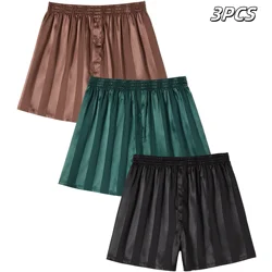 3pcs Mens Underwear Stripe Satin Boxer Shorts Antibacterial Breathable Comfy Stretchy Boxer Men Casual Sports Shorts