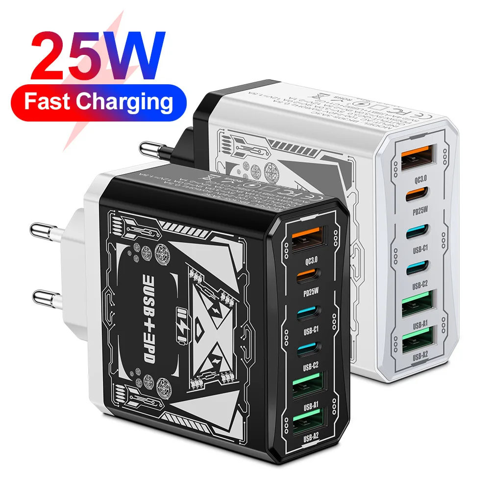 6 in 1 3USB 3 Type C 3.1A Quick Charging Fast Wall Charger For iPhone Samsung Xiaomi Huawei Oppo Mobile Phone Adapter