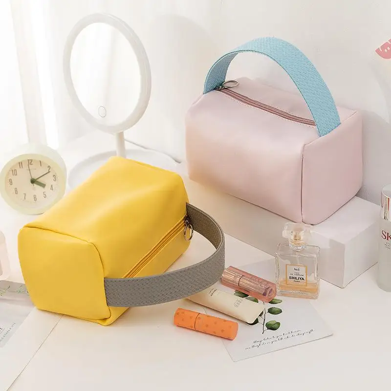 Waterproof PU Leather Makeup Bag With Sturdy Top Handle Large Capacity For Daily Storage Travel Use