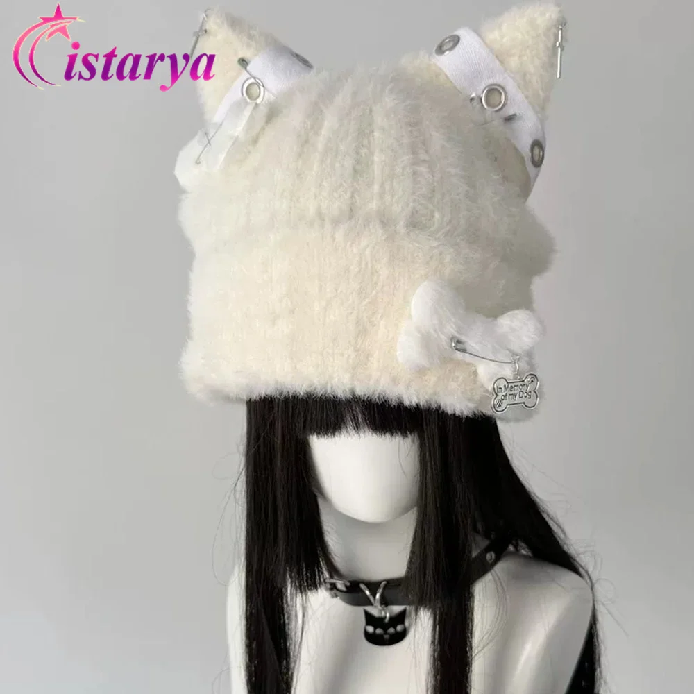 Gothic Grunge Cross Bone Beanie Hat Harajuku Kawaii Japaness Knitwear Cat Cap Winter Warm YK2 Chic Streetwear Knitted Women Hat