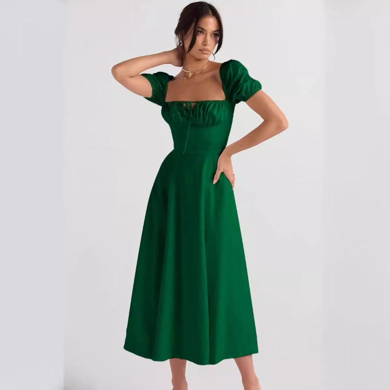 

Women's New Temperament and Elegant Solid Color Puff Sleeve Slit Dress