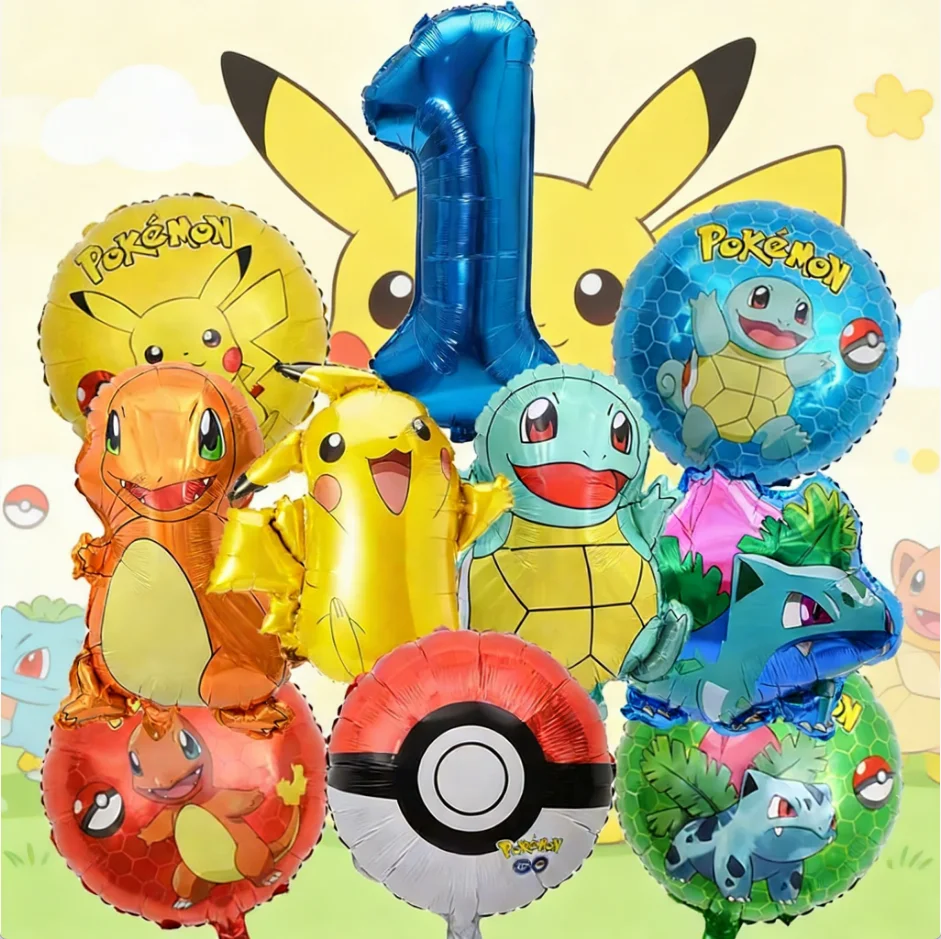 Set de 10 Globos de Anime Pokémon, Globos de Pikachu y Poké Ball, Globo de Número Dorado del 1 al 9 para Niños, Decoración para Fiestas de Cumpleaños del 1 al 9 Años