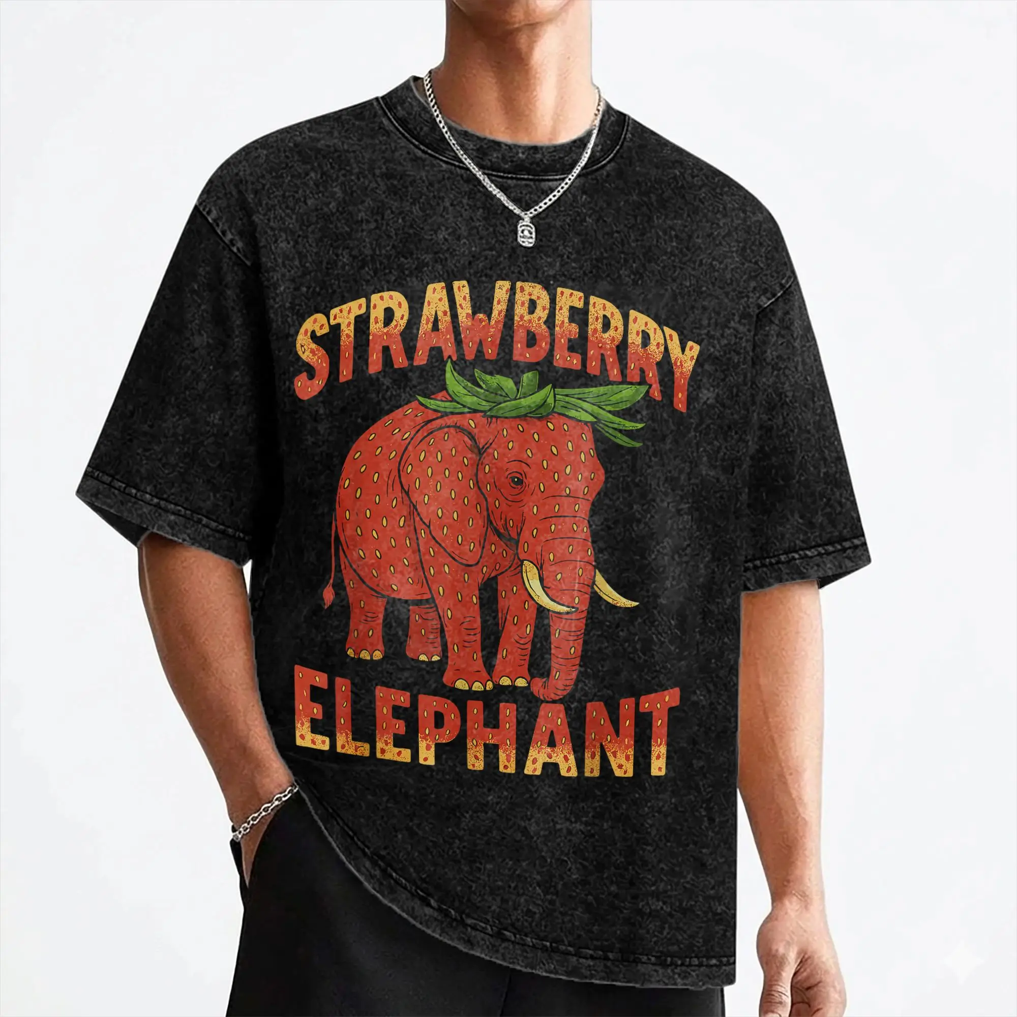 Italian Brainrot Strawberry Elephant T Shirt Hip Hop Washed Short Sleeve Harajuku T-Shirts Retro Men Tops Streetwear Printed Tee
