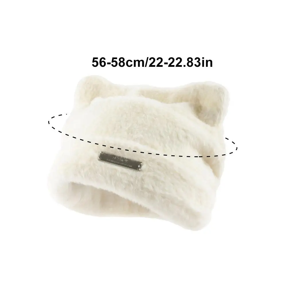 Lovely Iron Label Decorative Beanie Hat With Ears Warm Plush Cat Beanie Winter Faux Fur Beanie Elastic Knitted Hat Women Outdoor