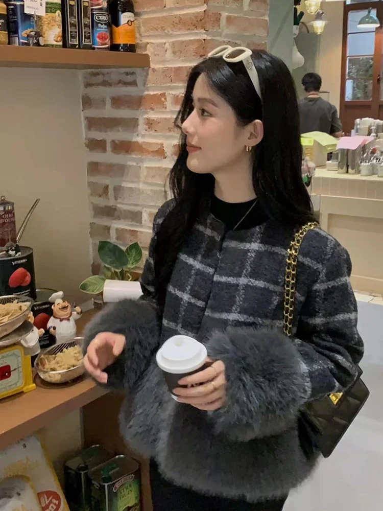 خمر منقوشة المرقعة سترة متماسكة المرأة الكورية شيك الفراء الاصطناعي خياطة سترات Y2K شتاء دافئ واحدة الصدر معاطف