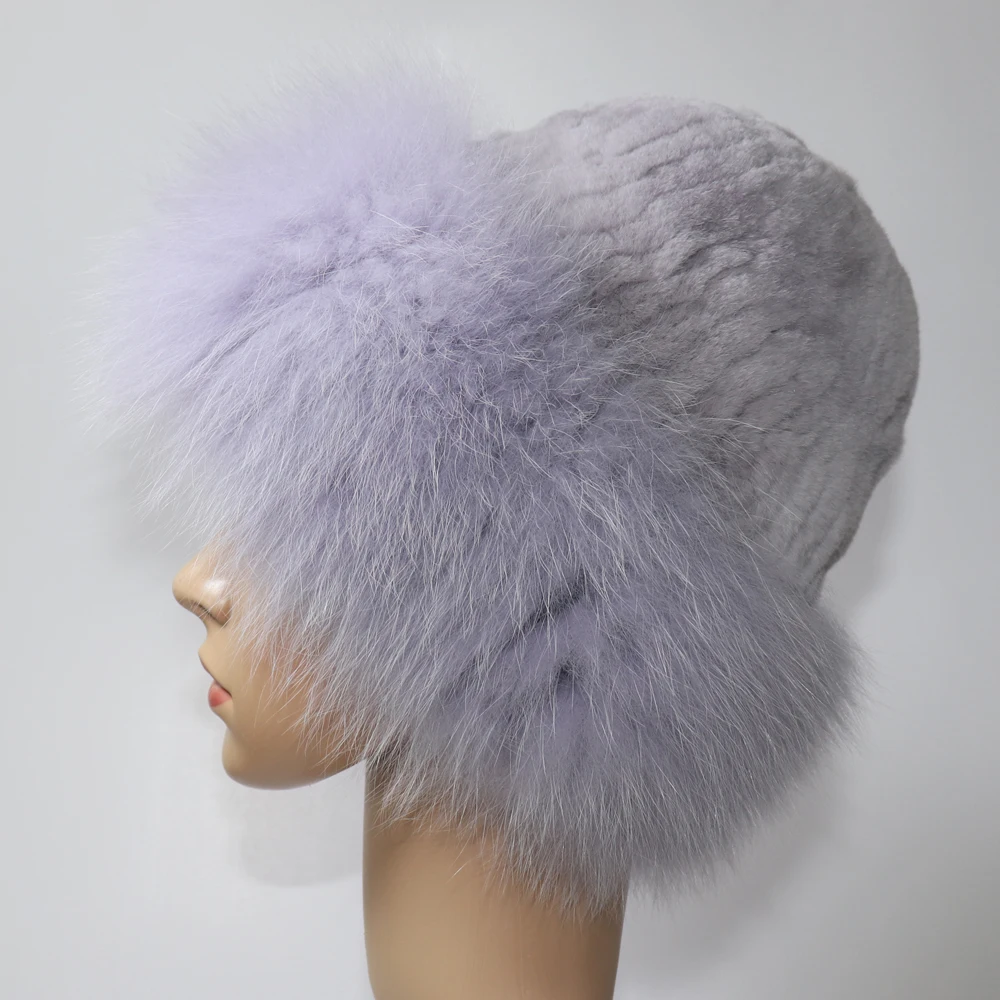 Women Winter Hight Quality Hand Knitted Real Rex Rabbit Fur Hat Natural Soft Fox Fur Hats Warm Elasticity Thick Real Fur Caps