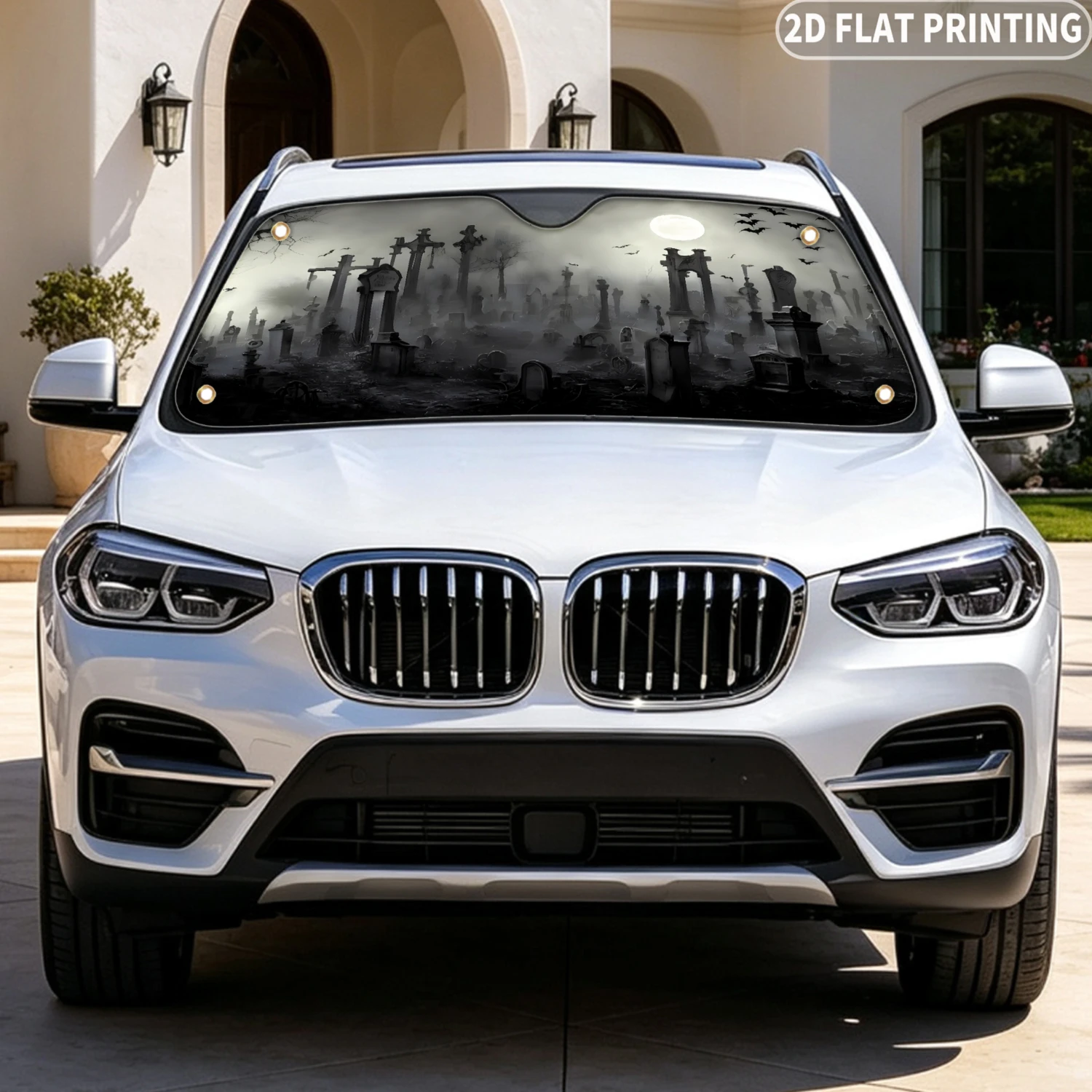 1pc Universal Car Windshield Sunshade, with Gothic Cemetery Scene 2D FLAT Printing, with 4 Suction Cups,Protect Your Privacy
