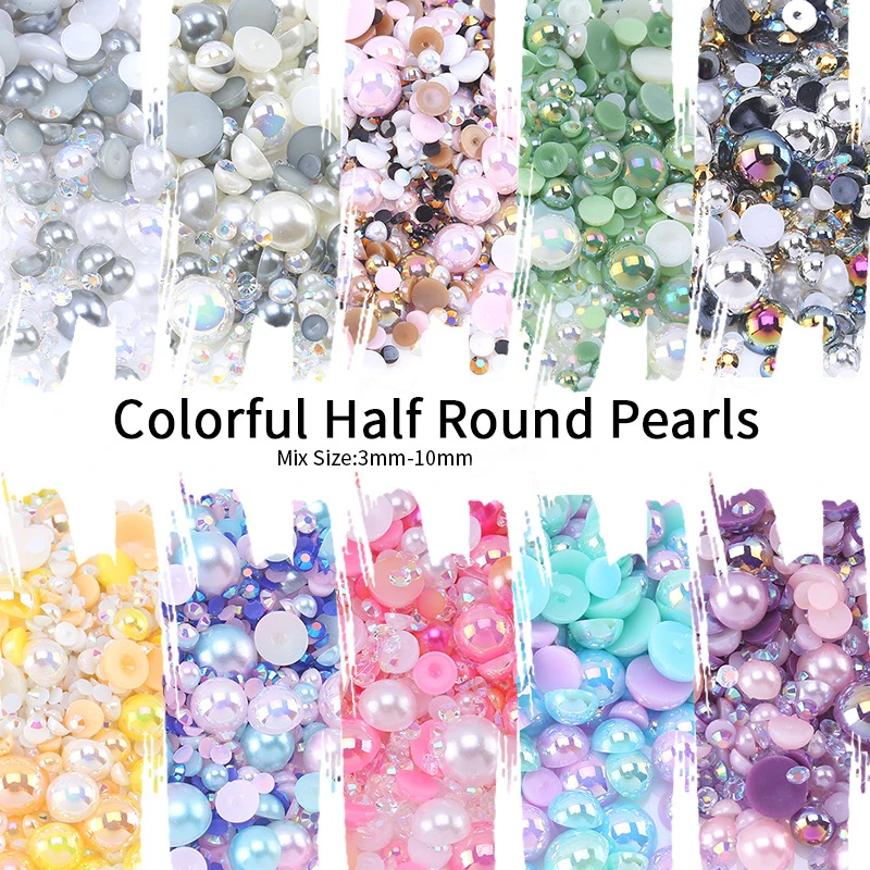 JUNAO 3mm-10mm 30g Mix Size Pink blue Color ABS Plastic Pearl Rhinestone Flatback Half Round Beads Glue On DIY Craft Decoration